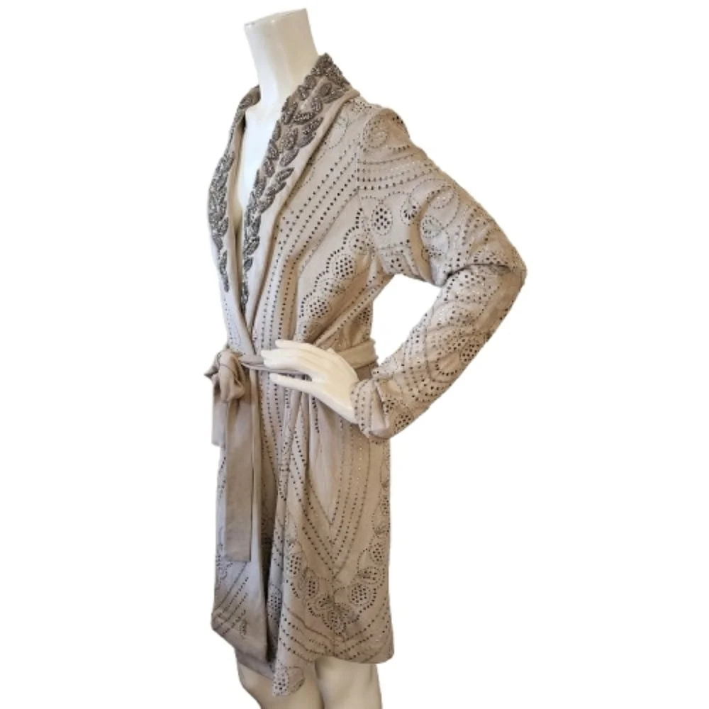 Boston Proper Jacket Women's M Beige Embellished Faux Suede Mid Length Boho